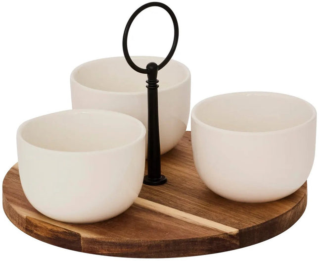 5Five Serveerplank acacia hout - met 3x luxe schaaltjes - D20 cm - tapas en saus schaaltjes - kleuren mix wit - hapjes plateau