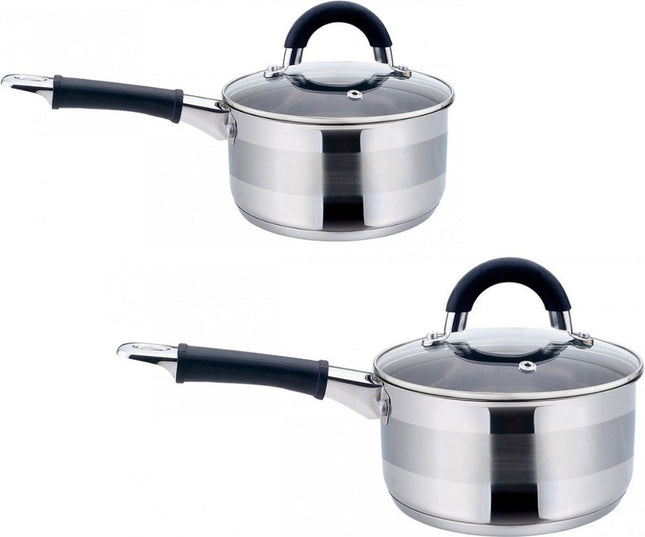 Kinghoff steelpannen met glazen deksel, set van 2 – RVS, 0,5 en 2,1 liter