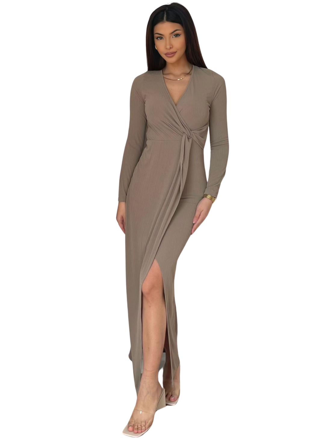 Donna Dress – damesjurk in taupe of olijfgroen, maat S, M en L – foto 6
