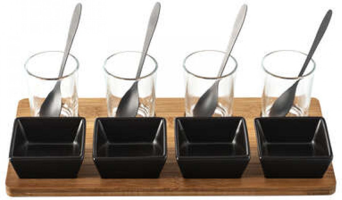 13-piece appetizer set - glass - bamboo - porcelain - spoons