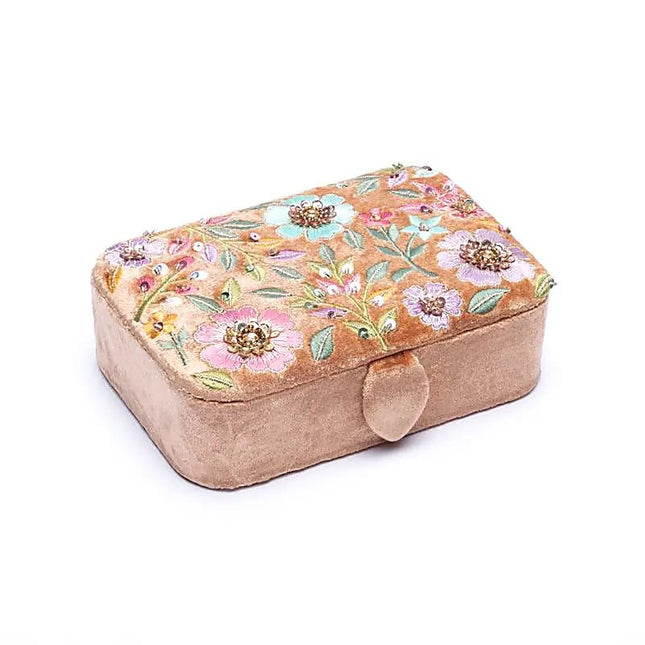 Sieraden / tarotdoos fluweel beige met bloemen