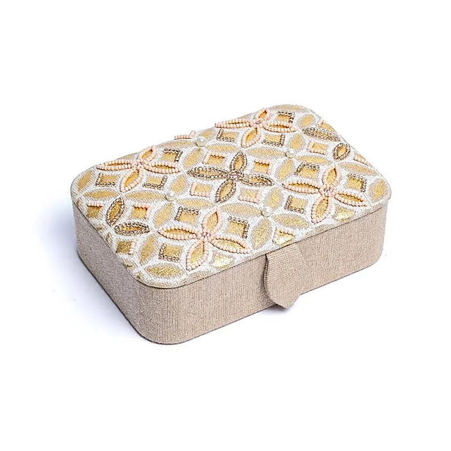 Sieraden / tarotdoos chambray katoen beige / goud met Bloem des Levens