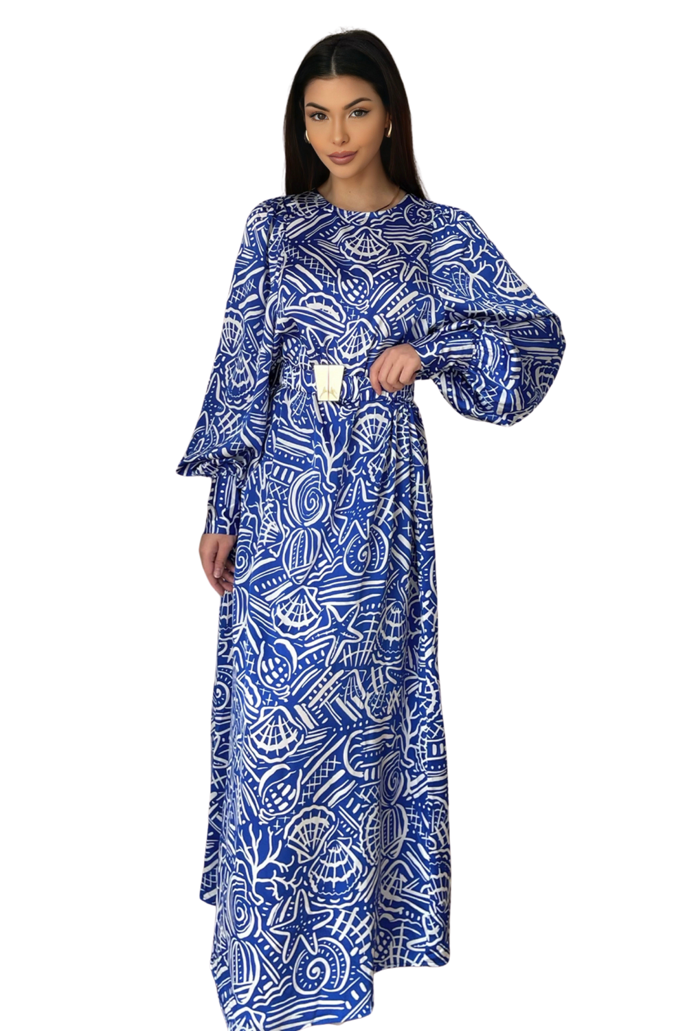 Liora Dress – lange zomerjurk met print, 143 cm, in blauw of groen – foto 2