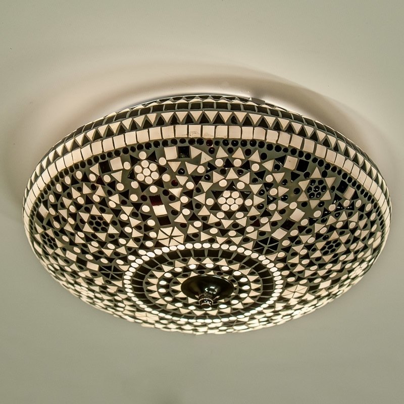 Oosterse mozaïek plafonnière wit en zwart – handgemaakt, Ø 38 cm