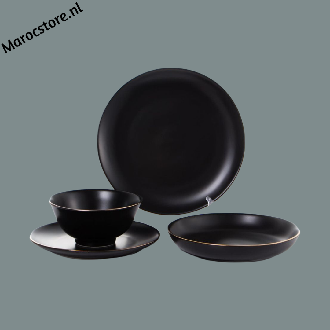 24-piece dinnerware set for 6 people - black and gold