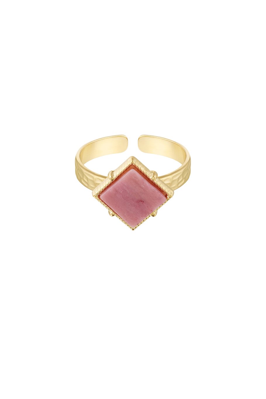 Bague Ouverte Dorée – Pierre Rose en Forme de Losange – Acier Inoxydable (INOX) – Taille Unique