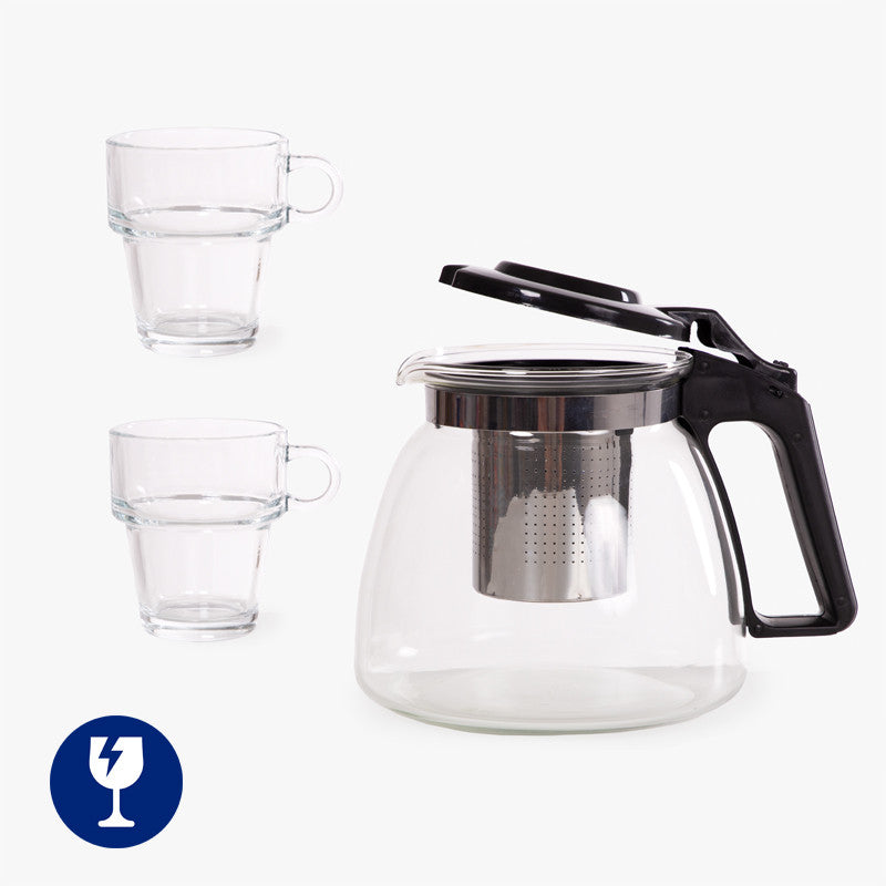 3-piece 900 ml teapot and 2 glass cups of 270 ml