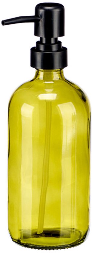 Glass Soap Dispenser - Crystal Soap Dispenser - Hand Soap Pump with Black Pump - Refillable Lotion Dispenser - Bathroom Accessory - Round - 500ml - 7.4 x 9.5 x 21.4 cm - Green