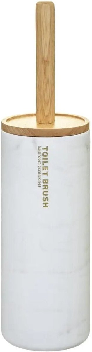 Toilet brush with holder, round, white with marble effect, plastic / bamboo, 38 cm