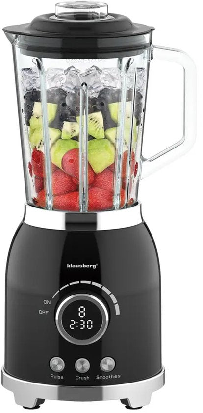 Klausberg - Blender - Mixeur à smoothie avec écran LED - Pilon à glace - Blender en verre avec 6 lames en inox - Mixeur à smoothie avec minuteur - Blender de cuisine 8 vitesses - Mixeur à glace pilée - 1,5 L - 600W - Noir