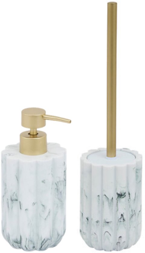 Set d'accessoires de salle de bain – Accessoires de salle de bain modernes – Pompe à savon 230 ml & set brosse WC – Distributeur de savon de luxe & brosse WC avec support – Polyrésine – Marbre blanc