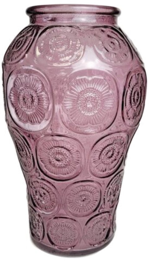 MPLCo - Bloemenvaas - Vaas - Glazen Vaas - Bloemenvaas met Reliëf Bloemenpatroon - Decoratieve Vaas voor Verse & Droogbloemen - Ø9,5 x 24 cm - Transparant Paars