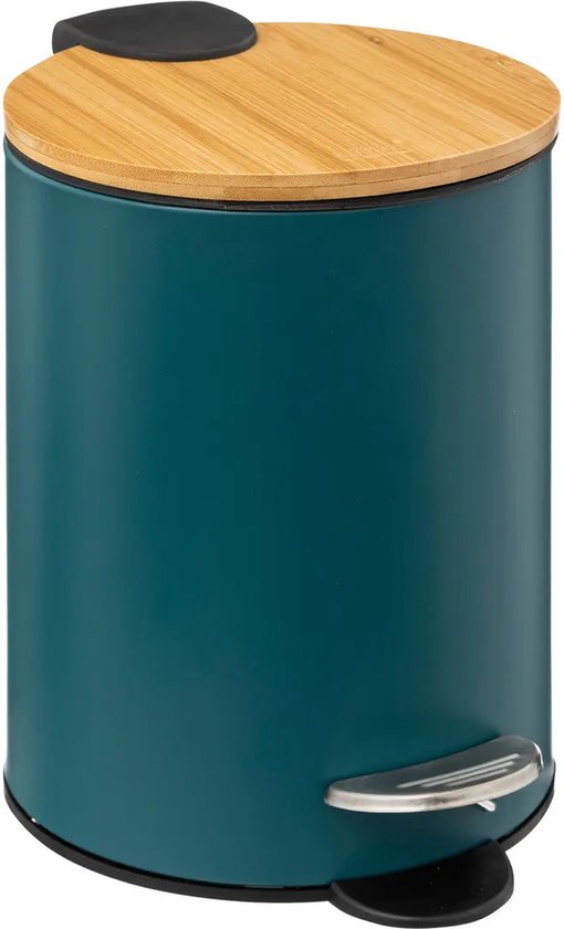 5Five pedaalemmer 3 liter met softclose – petrolblauw met bamboe, 17 x 24 cm
