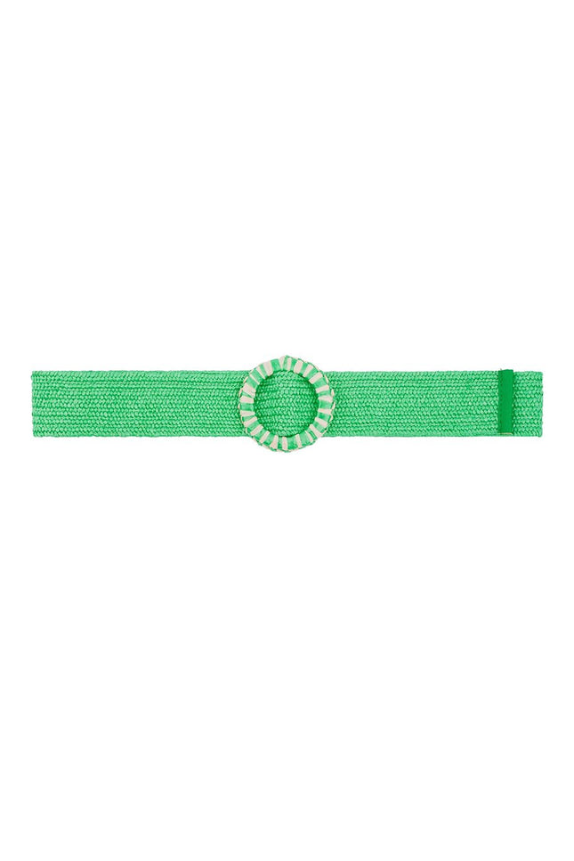 Green Fashion Belt with Round Buckle - Green-White Striped Design - 105 cm - Polyester