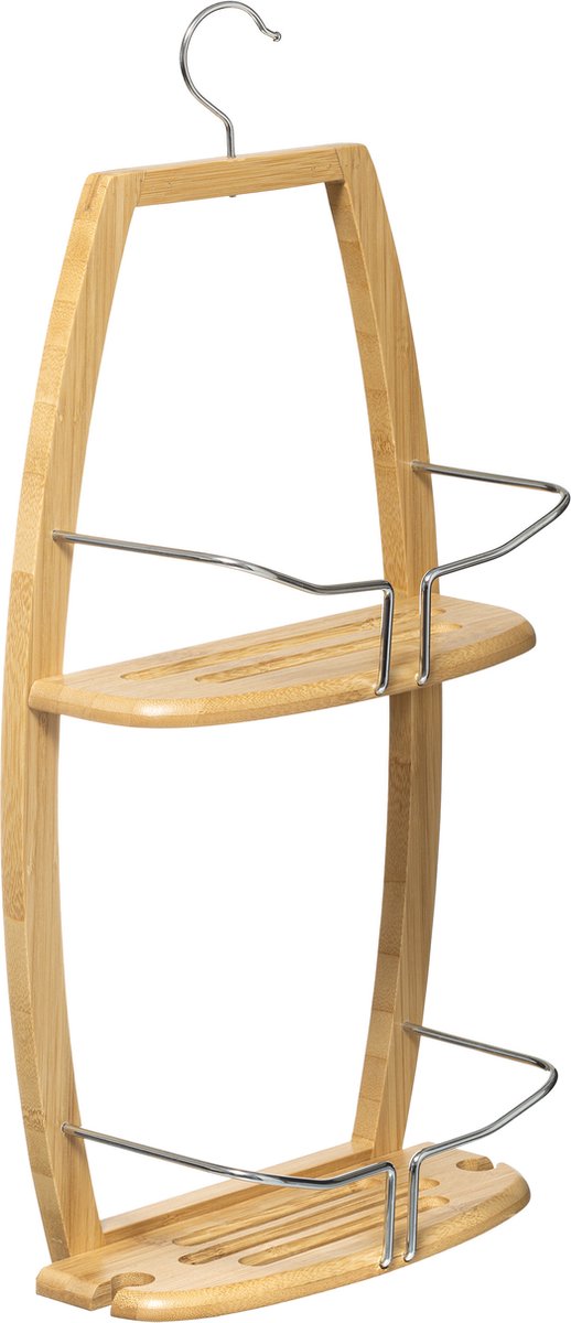 Étagère de douche/salle de bain de luxe 2 étages en bois de bambou avec crochet de suspension 27 x 13 x 59 cm - Étagères de rangement pour shampoing/gel douche