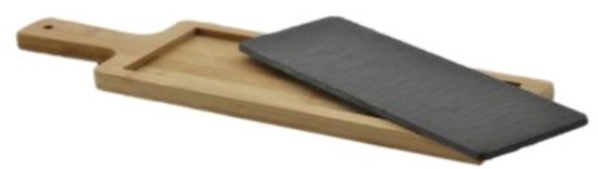 MPLCo - Serveerplank - Tapasplank - Leisteen Serveerplank met Bamboe Onderzetter - Natuursteen Tapasplank - Serveerplank voor Kaas, Sushi & Hapjes - 40 x 12 x 1,5 cm - Zwart
