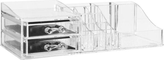 5Five Organisateur de maquillage - 19 compartiments et 2 tiroirs - transparent - 30 x 9 cm - plastique - Porte-vernis à ongles - Porte-maquillage - Organisateurs