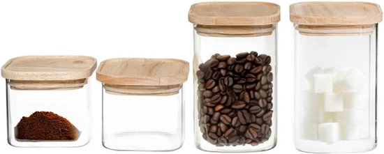 Set of 4 storage jars / glass canisters with wooden lid - 500 ml - 1000 ml - Storage jars with airtight lid
