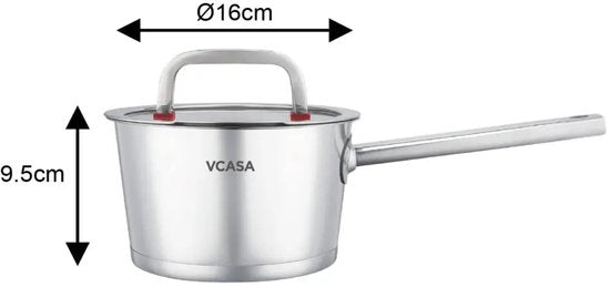 Steelpan 16 cm, 1,6 liter, rvs met glazen afgietdeksel en maataanduiding