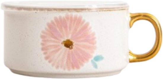 Homla – Meren Servierschale – Keramik-Servierschale mit goldenem Griff – Dessertschale – Snackschale – Dekorative Schüssel – Blumenmuster – 0,6 Liter – Ø 14 x 7 cm – Creme mit rosa Blumenmuster