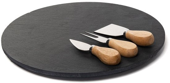 Homla - B2STONE Draaiplateau Serveerplank met Mes - Leisteen Kaasplank - Draaiend Tapas Bord - Luxe Serveerplank Kaas - Borrelplank - Snack Plateau met Draaisysteem - Ø30 cm - Zwart