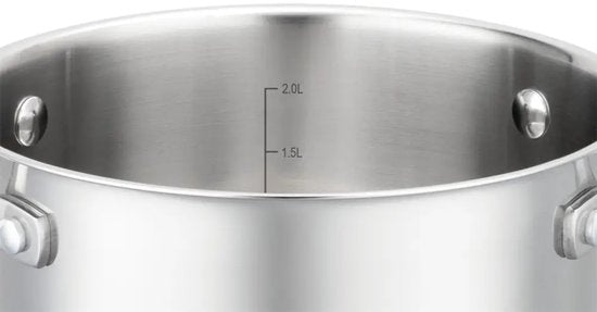 Kookpan 18 cm met glazen afgietdeksel en maataanduiding, 2,6 liter, rvs