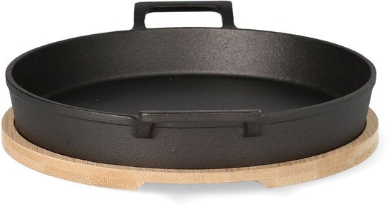 HOMLA - Poêle à frire en fonte Andreas - avec dessous de plat en bambou - Deux poignées - Poêle grill et plat de service allant au four - Skillet durable - 25 x 20 cm - Noir