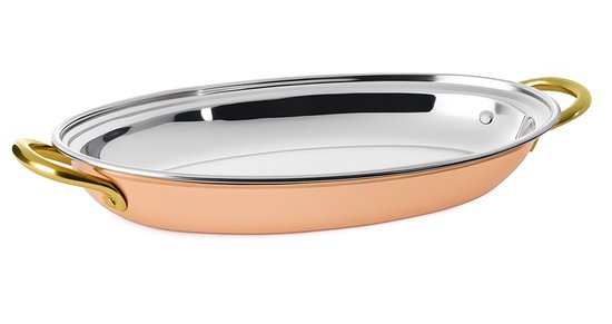 MPLCo - Serveerplank - Luxe Tapasplank - Serveerschaal - Stalen & Koperen Serveerpan met Handgrepen - Serveerschaal voor Hapjes, Voorgerechten & Desserts - 20 x 14 x 2,5 cm - Koper