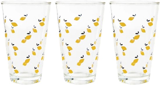 Homla - Trinkglas - Trinkgläser mit Zitronen-Design - 3er-Set - Wassergläser aus Glas - Für Saft, Limonade, Cocktails & Erfrischungsgetränke - 300 ml - Ø8 x 12 cm - Transparent