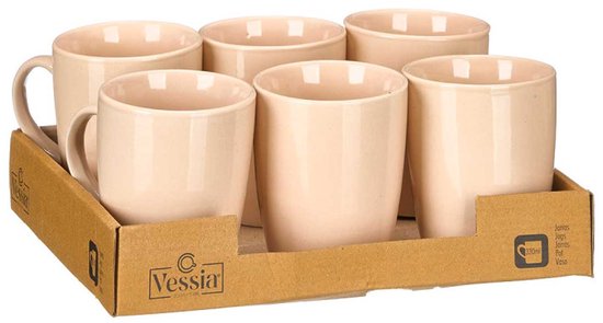 Mok - Koffiemok - Keramische Theemokken - Drinkbekers met Glossy Finish - Luxe Mok - Setvan 6 - 330 ml - 8,5 x 11,5 x 10,5 cm - Crème