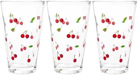 Homla - Trinkglas - Trinkgläser mit Kirsch-Design - 3er-Set - Glas-Wassergläser - Für Saft, Limonade, Cocktails & Erfrischungsgetränke - 300 ml - Ø8 x 12 cm - Transparent