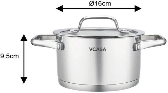 Vcasa kookpan 16 cm met glazen afgietdeksel, 1,8 liter, rvs