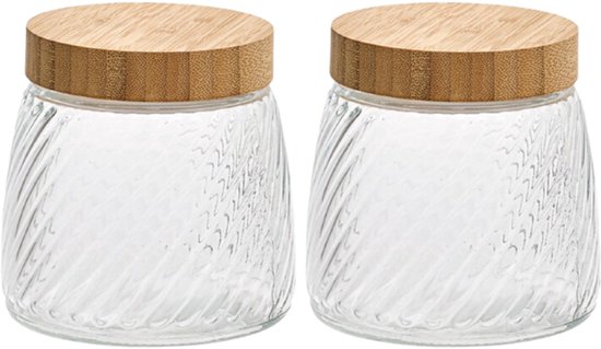 2-Piece Glass Storage Jars - Storage Jar - Canister - With Bamboo Lid - Kitchen Storage - 0.9 Liter - Ø12.2 x 12.5 - Transparent