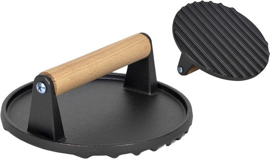 MPLCo hamburgerpers van gietijzer met houten handgreep – Ø 18 cm, zwart