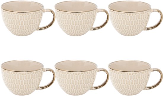 Mok - Ontbijtkom - Keramische Ontbijtbeker - Set van 6 - Grote Koffiemok - Soepkom met Oor - Fajance Kom voor Ontbijt, Muesli en Soep - 420 ml - 14,5 x 11,6 x 7,8 cm - Beige
