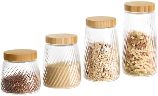 Bocal de conservation Food Essentials Ventura - cuisine - verre strié / bambou - 1,3 litre - couvercle rotatif hermétique - bocaux de conservation - pots de stockage