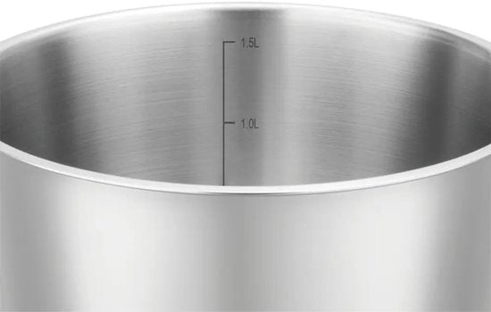 Steelpan 16 cm, 1,6 liter, rvs met glazen afgietdeksel en maataanduiding