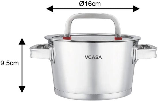 Kookpan 16 cm met glazen afgietdeksel en maatverdeling, 1,6 liter, rvs