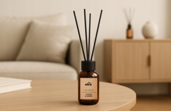 Elix - Geurstokjes Diffuser - Luchtverfrisser - Interieur Parfum - Reed Diffuser - Luxe Huisgeur 45 Dagen - Elegante Woonkamer, Slaapkamer & Kantoor Geur - 125 ml - Jasmine & Monoi