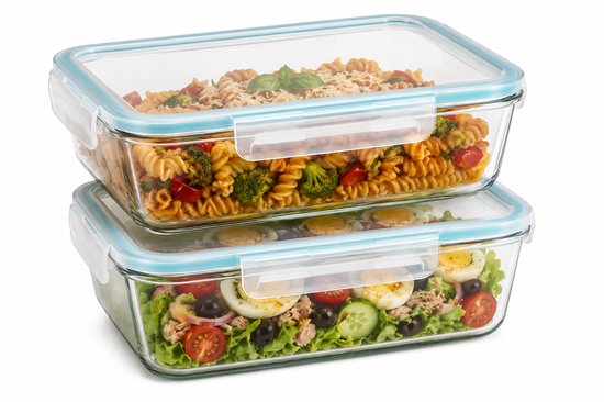 Grote vershoudbakjes Glas Set van 2 - Meal Prep Bakjes 2,26 L - Glazen Diepvriesbakjes met Deksel - Lunchbox Glas