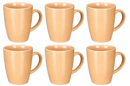 Koffie en Thee mokken - Set van 6 - Mok - Keramische Koffiemok - Aardewerk Theemok - Glanzende Koffiebeker - Moderne Mok - 330 ml - 8,5 x 11,5 x 10,5 cm - Beige - Set van 6 stuks