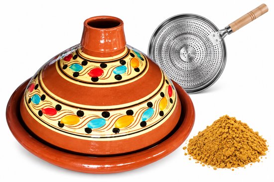 Marokkaanse tajine 35 cm van aardewerk met vlammenverdeler en Ras el Hanout