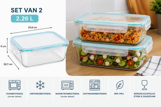 Grote vershoudbakjes Glas Set van 2 - Meal Prep Bakjes 2,26 L - Glazen Diepvriesbakjes met Deksel - Lunchbox Glas