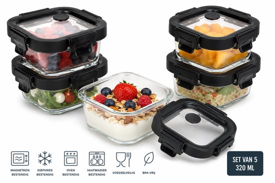 Boîte de conservation en verre 320 ml - Récipient Meal Prep - Lunchbox en verre avec couvercle - Carrée