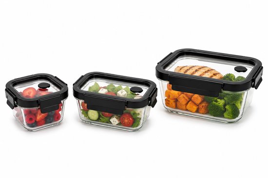 Vershoudbakjes Glas Set van 3 - Meal Prep Bakjes - Glazen Lunchbox met Deksel - 0,32 L, 0,37 L & 0,5 L
