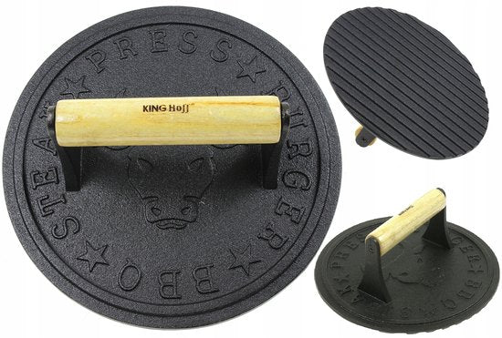 Kinghoff gietijzeren vleespers Ø 22 cm – burger- en steakpers met houten handvat