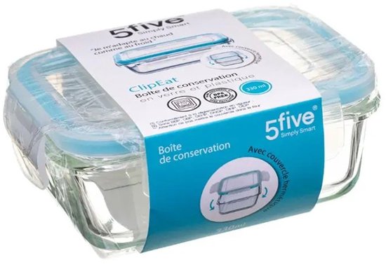 5Five Frischhaltedose mit Deckel - Glas - luftdicht - mit Clips - 14 x 10 x 5 cm - 0,73 L