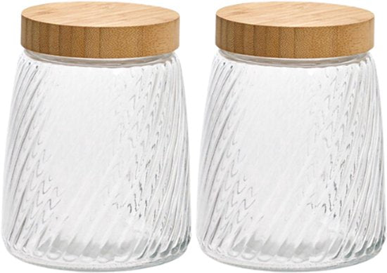 2-Piece Glass Storage Jars - Storage Jar - Canister - With Bamboo Lid - Kitchen Storage - 1.3 Liters - Ø12.2 x 16 cm - Transparent