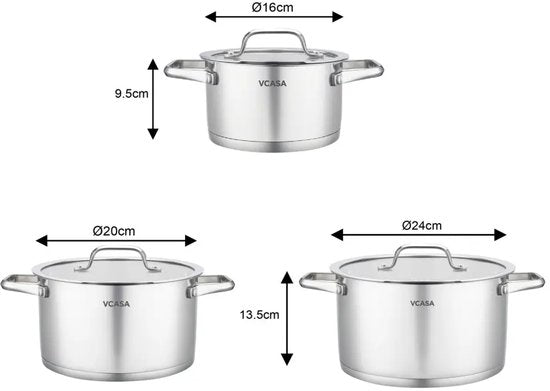 Vcasa 6-delige pannenset van rvs met glazen afgietdeksels, Ø16, Ø20 en Ø24 cm