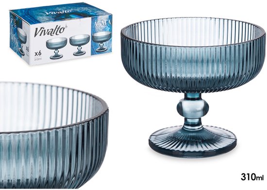 Glass ice cream cups 310 ml on stem – Glass dessert coupes – dark blue striped – set of 6 dessert glasses